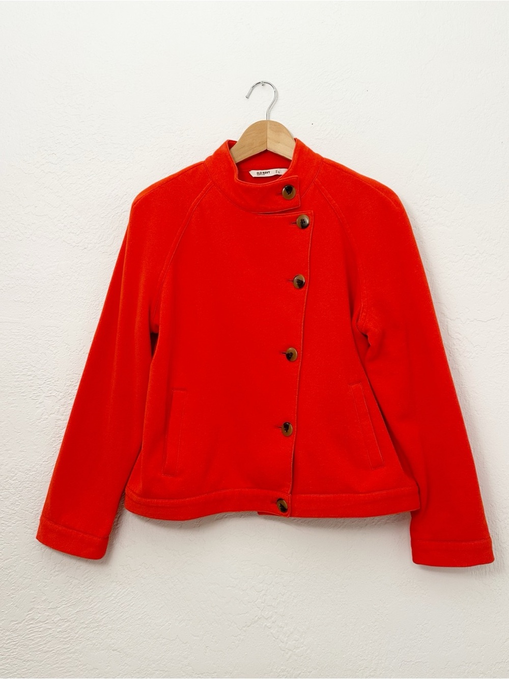Old Navy Bright Orange Asymmetrical Button Front Fleece Moto Jacket Sweatshirt